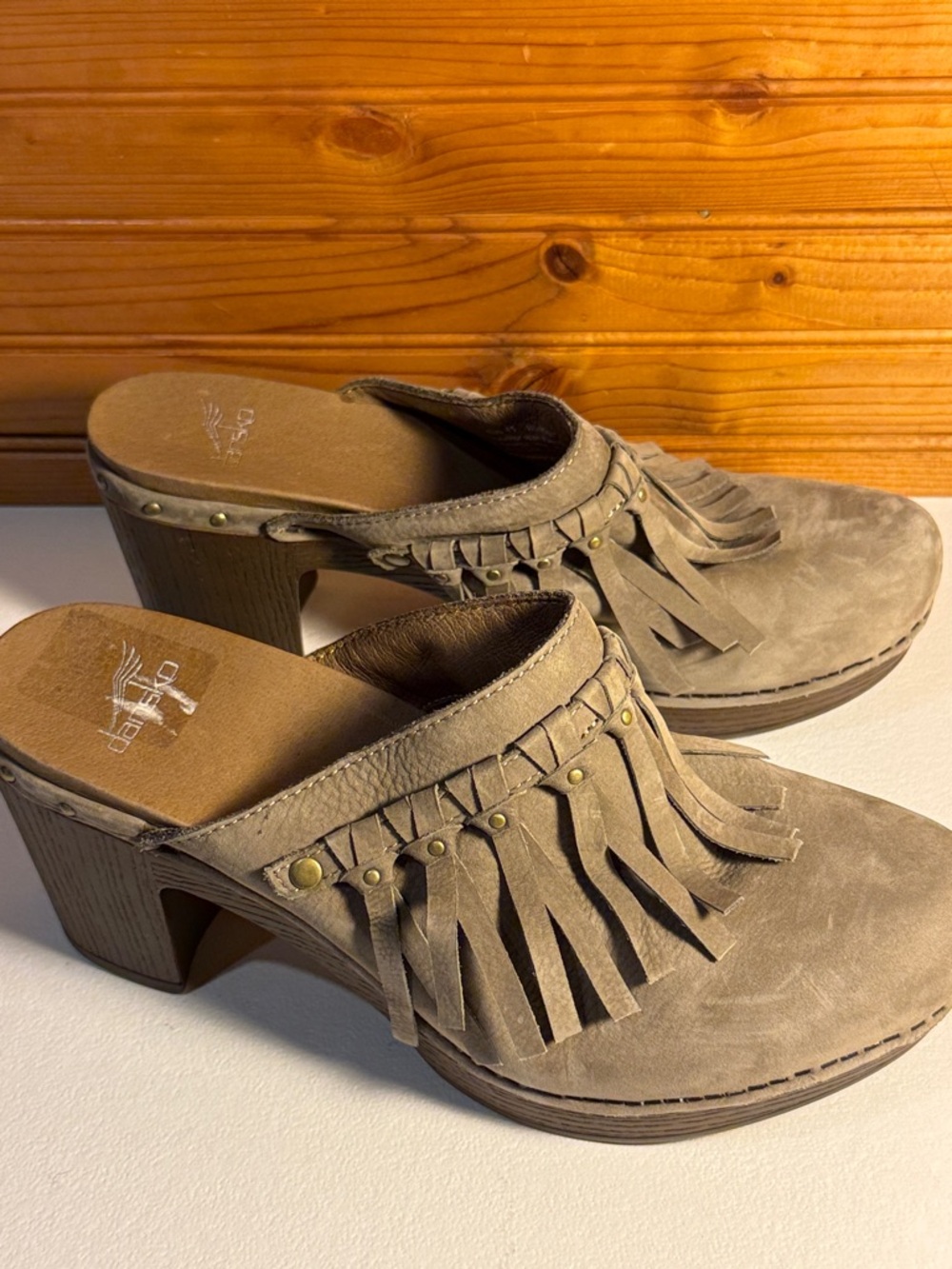Dansko Taupe Suede Fringed Clog Mules - Picture 4 of 8